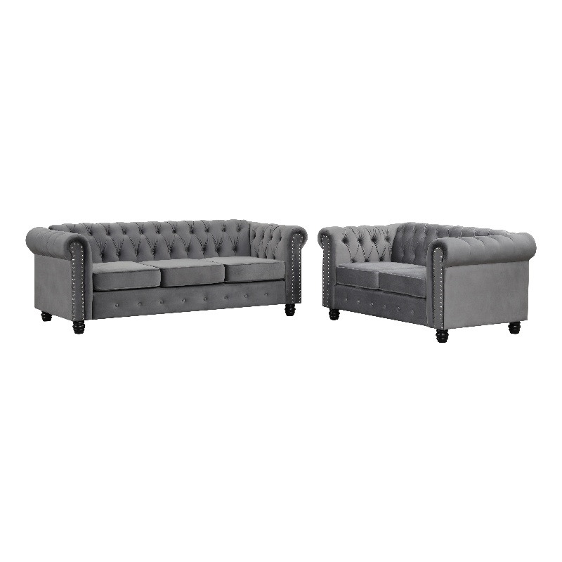 RN Furnishings modern sofa Loveseat velvet fabric Living room furniture Set-Gray