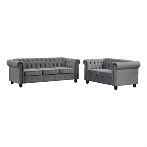 rn furnishings 2 piece chesterfield  button tufted velvet fabric sofa set-gray