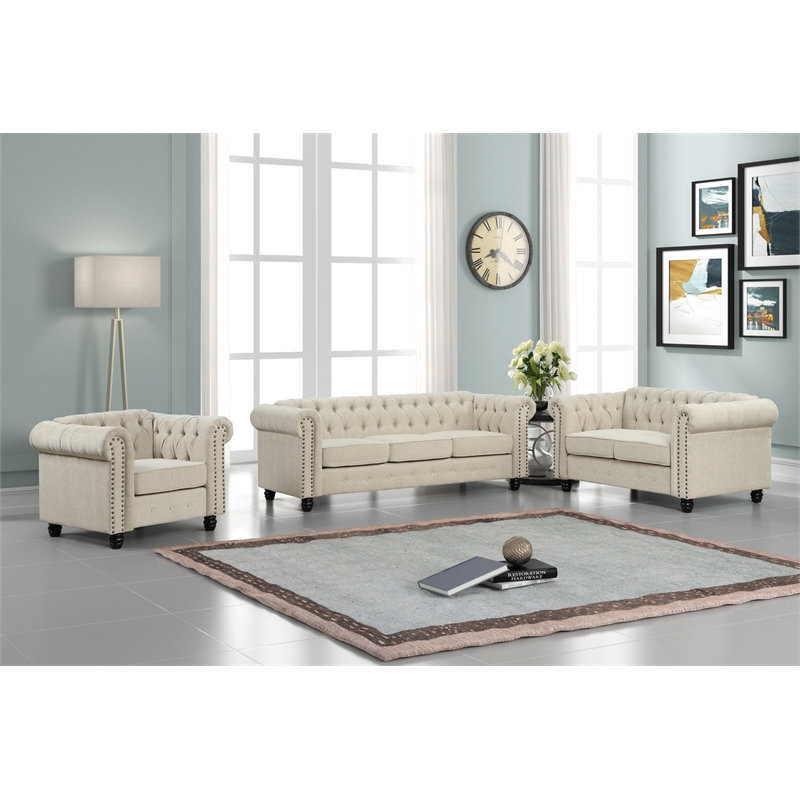 RN Furnishings sofa loveseat chair Linen fabric Living room furniture Set-Beige