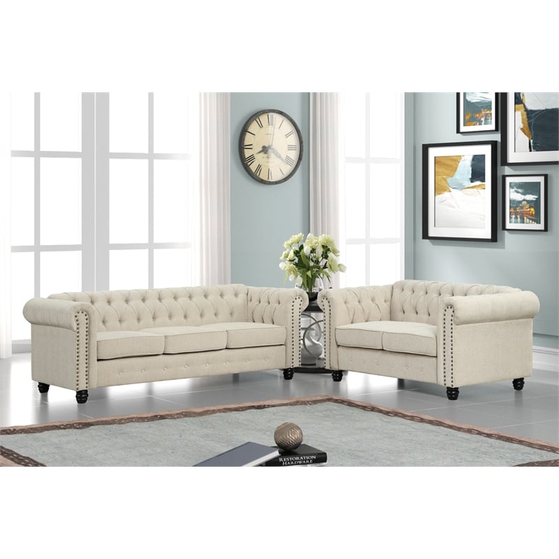 RN Furnishings 2 Piece Chesterfield  Button Tufted Linen fabric Sofa Set-Beige