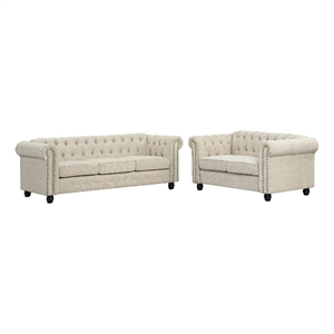 rn furnishings 2 piece chesterfield  button tufted linen fabric sofa set-beige