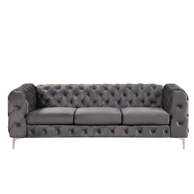 RN Furnishings 3- Piece Button Tufted Velvet Fabric Sofa Set -Gray