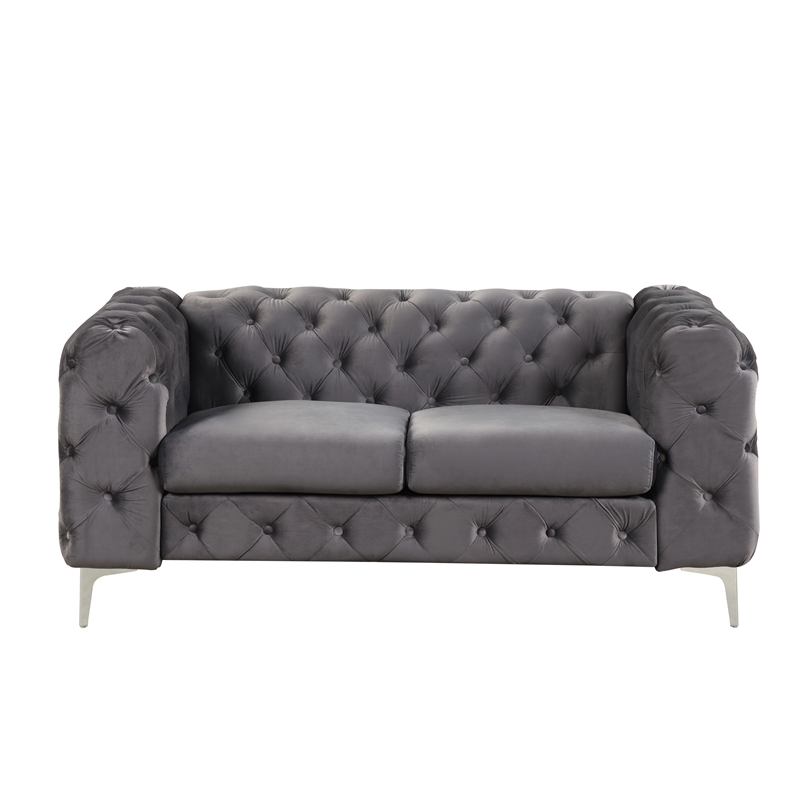 RN Furnishings 3- Piece Button Tufted Velvet Fabric Sofa Set -Gray