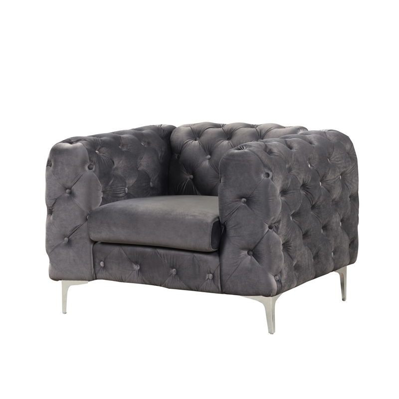 RN Furnishings 3- Piece Button Tufted Velvet Fabric Sofa Set -Gray