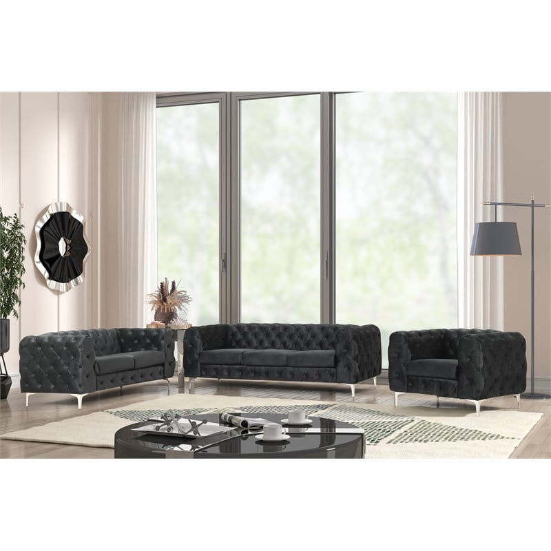 RN Furnishings 3- Piece Button Tufted Velvet Fabric Sofa Set -Black