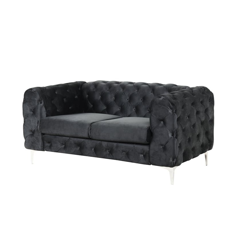 RN Furnishings 3- Piece Button Tufted Velvet Fabric Sofa Set -Black