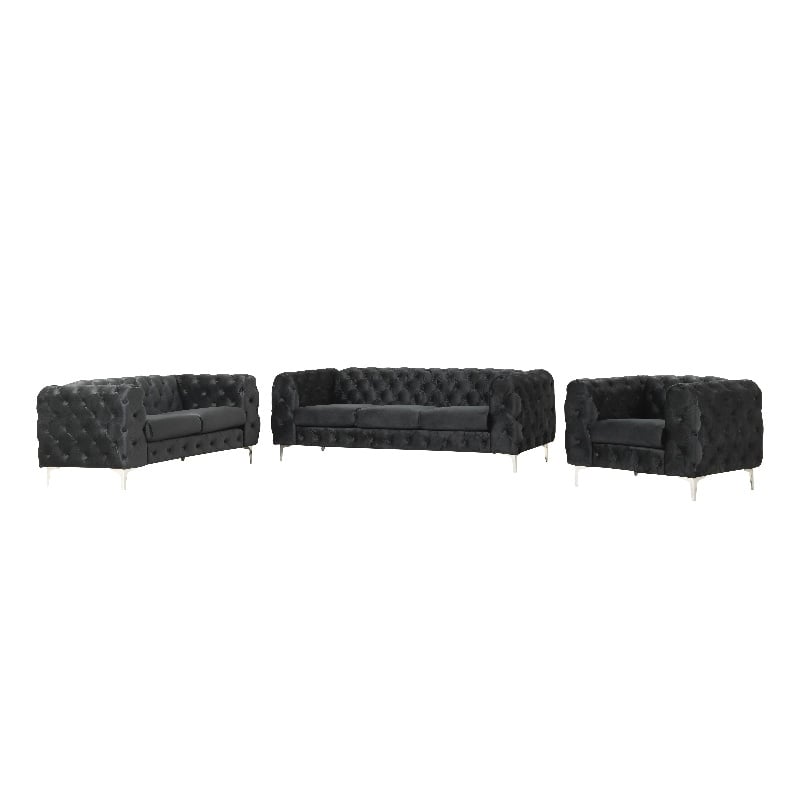 RN Furnishings 3- Piece Button Tufted Velvet Fabric Sofa Set -Black