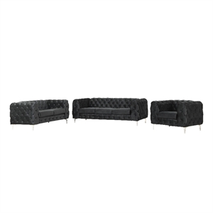 RN Furnishings 3- Piece Button Tufted Velvet Fabric Sofa Set -Black