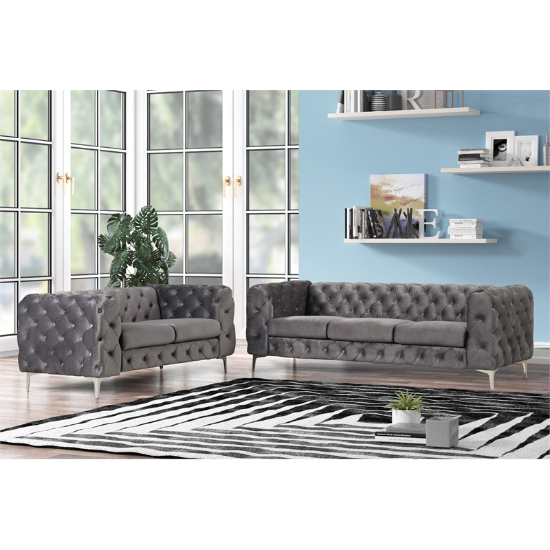 RN Furnishings sofa Loveseat Velvet Fabric living room furniture Set -Gray
