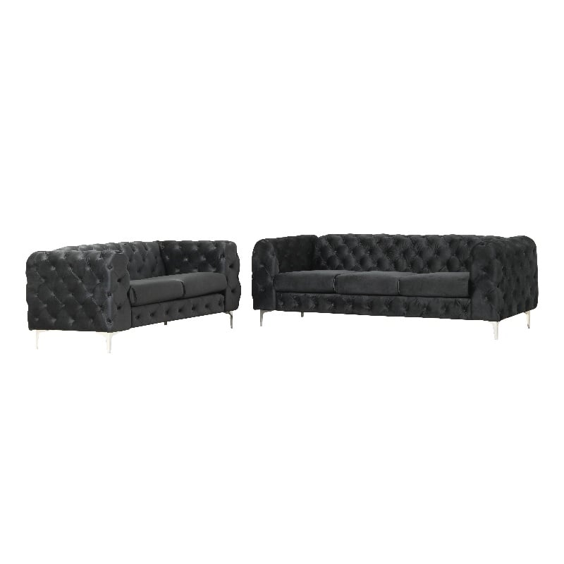 RN Furnishings 2- Piece Button Tufted Velvet Fabric Sofa Set -Black