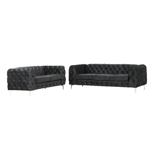 rn furnishings 2- piece button tufted velvet fabric sofa set -black