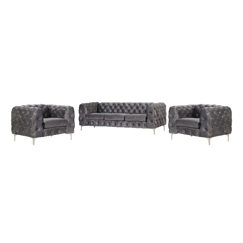 RN Furnishings sofa and two chairs Velvet Fabric Living room furniture set-Gray