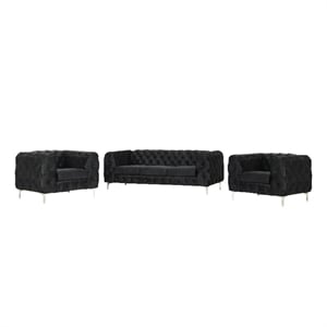 RN Furnishings 3- Piece Button Tufted Velvet Fabric Livingroom Set -Black