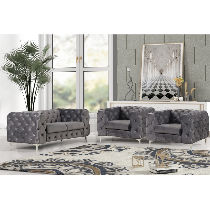 RN Furnishings 3- Piece Button Tufted Velvet Fabric Livingroom Set -Grey