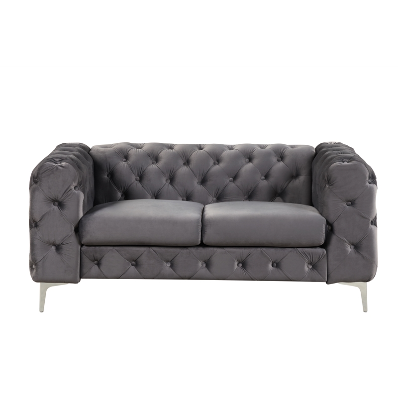 RN Furnishings 3- Piece Button Tufted Velvet Fabric Livingroom Set -Grey