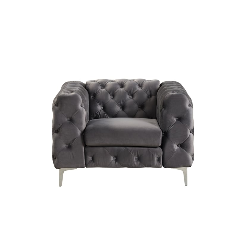 RN Furnishings 3- Piece Button Tufted Velvet Fabric Livingroom Set -Grey