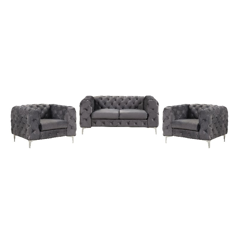 RN Furnishings 3- Piece Button Tufted Velvet Fabric Livingroom Set -Grey
