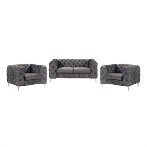 RN Furnishings 3- Piece Button Tufted Velvet Fabric Livingroom Set -Grey