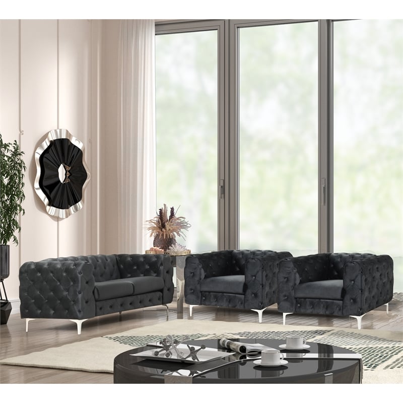 RN Furnishings 3-Piece couches Velvet Fabric Living room furniture Set -Black