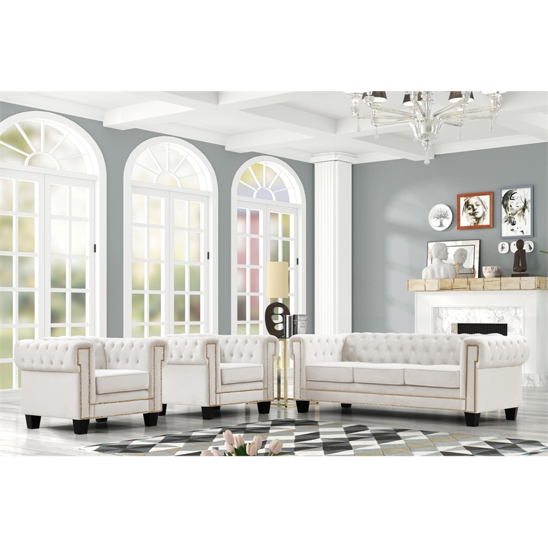Rnfurnishings inc Arav 3-Piece Living Room Furniture Velvetfabric Set-Off white