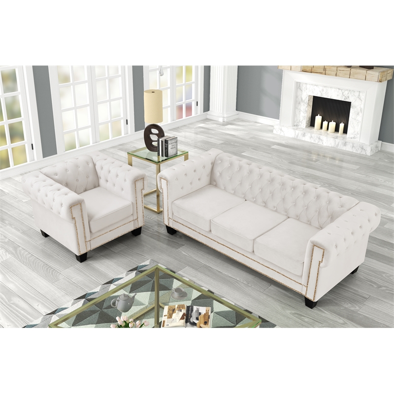 Rnfurnishings inc Arav 2-Piece Living Room Furniture Velvetfabric Set-Off white