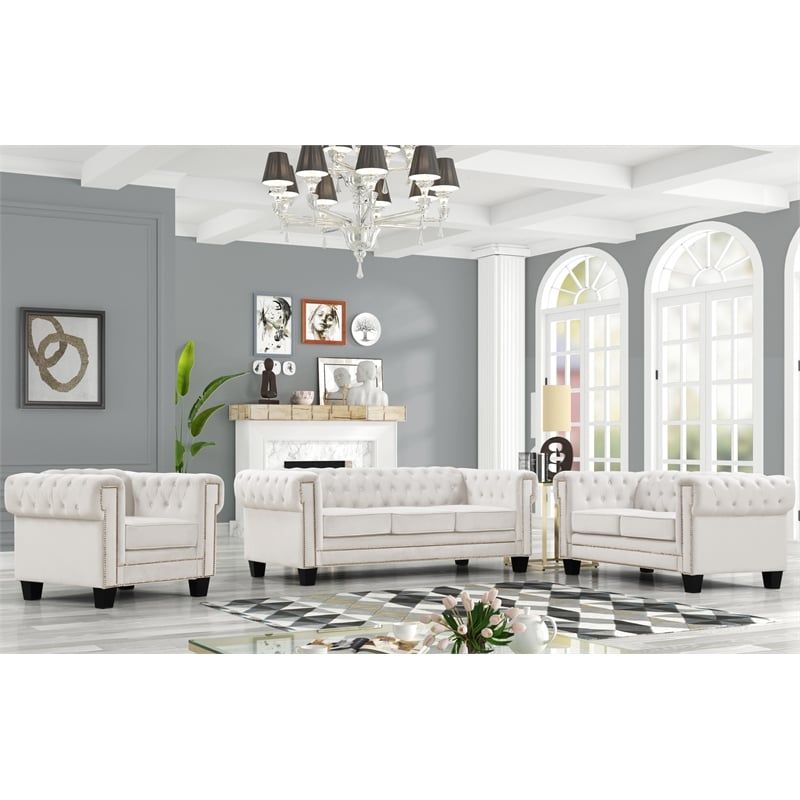 Rnfurnishings inc Akhil  3-Piece Living Room FurnitureVelvetfabric Set-Off white