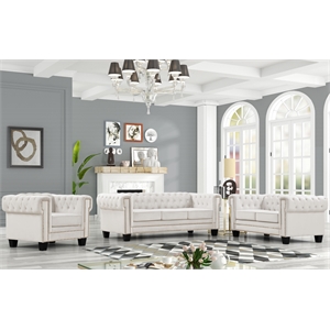 Rnfurnishings inc Akhil  3-Piece Living Room FurnitureVelvetfabric Set-Off white