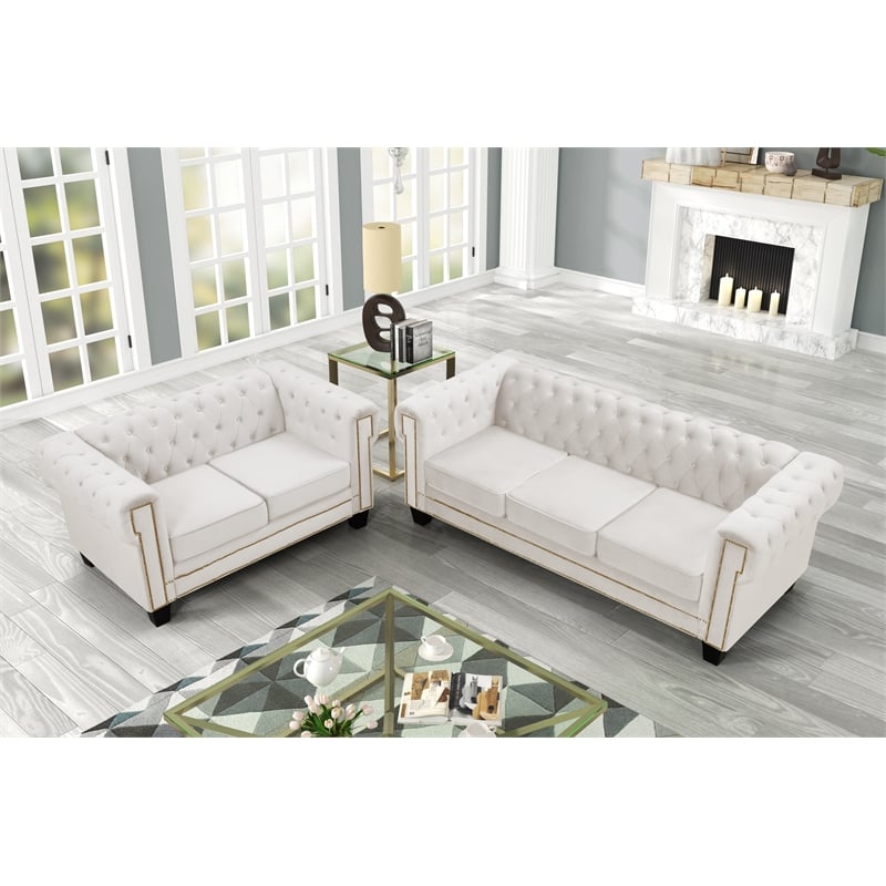 Rnfurnishings inc Akil 2-Piece Living Room FurnitureVelvet fabric Set-Off white