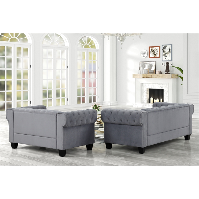 Rnfurnishings inc Amar2-Piece Living Room Furniture Velvet fabric Set-Gray