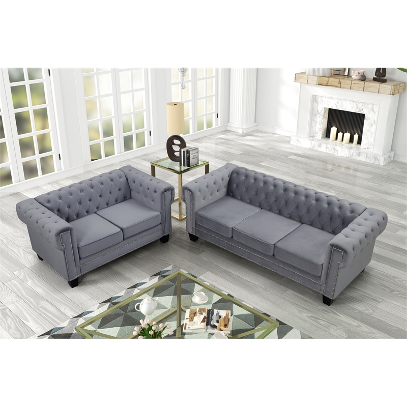 Rnfurnishings inc Amar2-Piece Living Room Furniture Velvet fabric Set-Gray