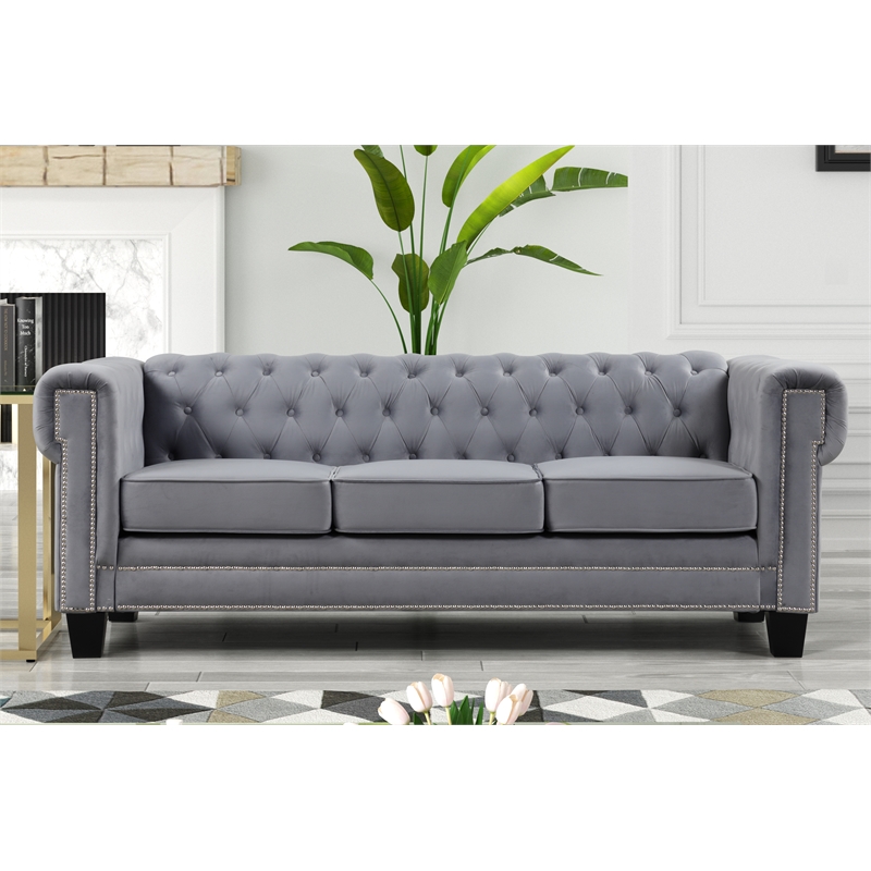 Rnfurnishings inc Amar2-Piece Living Room Furniture Velvet fabric Set-Gray