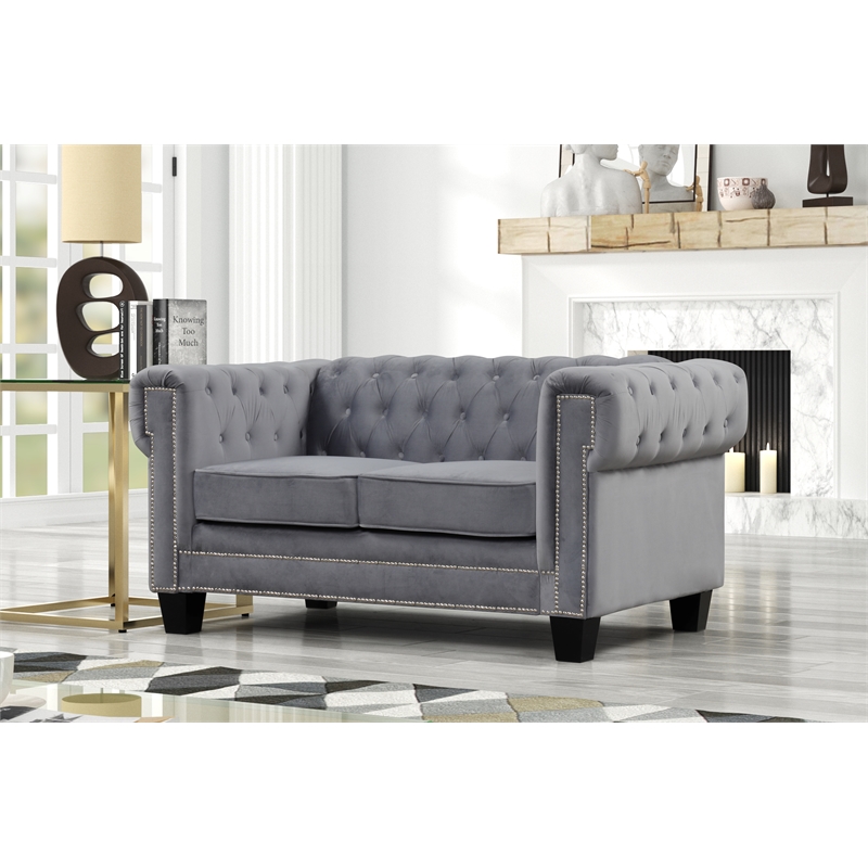 Rnfurnishings inc Amar2-Piece Living Room Furniture Velvet fabric Set-Gray