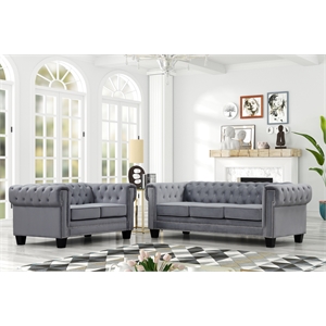 Rnfurnishings inc Amar2-Piece Living Room Furniture Velvet fabric Set-Gray