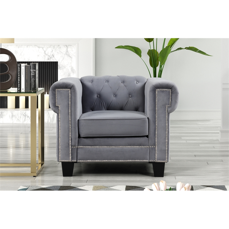 Rnfurnishings inc Amar 3-Piece Living Room Furniture Velvet fabric Set-Gray