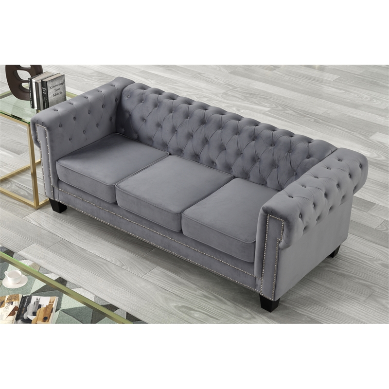 Rnfurnishings inc Amar 3-Piece Living Room Furniture Velvet fabric Set-Gray
