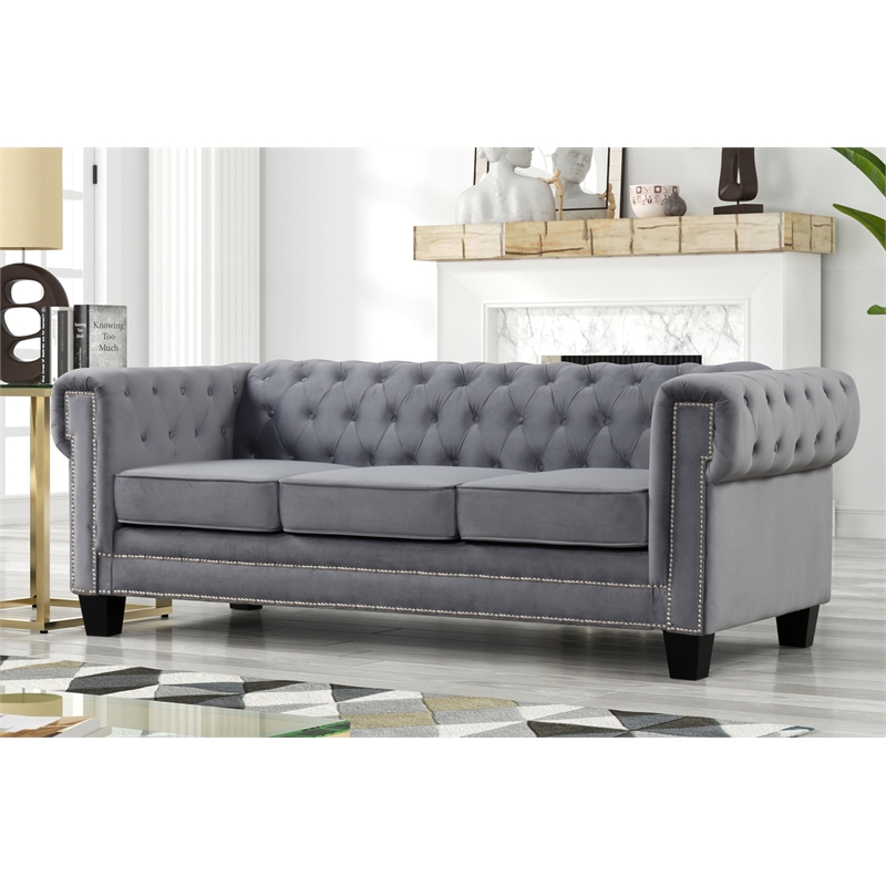Rnfurnishings inc Ali 3-Piece Living Room Furniture Velvet fabric Set-Gray