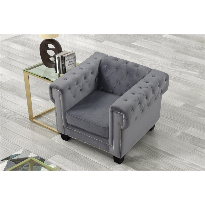 Rnfurnishings inc Ali 3-Piece Living Room Furniture Velvet fabric Set-Gray