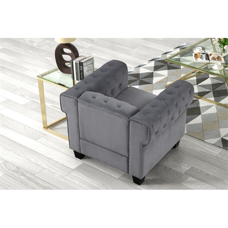 Rnfurnishings inc Ali 3-Piece Living Room Furniture Velvet fabric Set-Gray