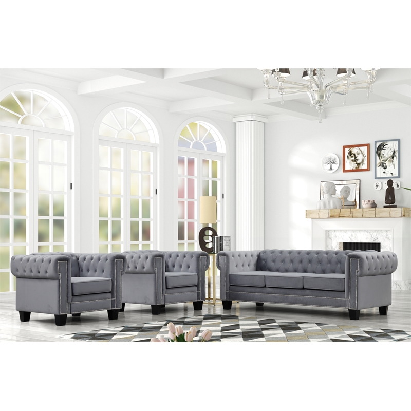 Rnfurnishings inc Ali 3-Piece Living Room Furniture Velvet fabric Set-Gray