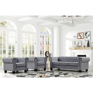 Rnfurnishings inc Ali 3-Piece Living Room Furniture Velvet fabric Set-Gray