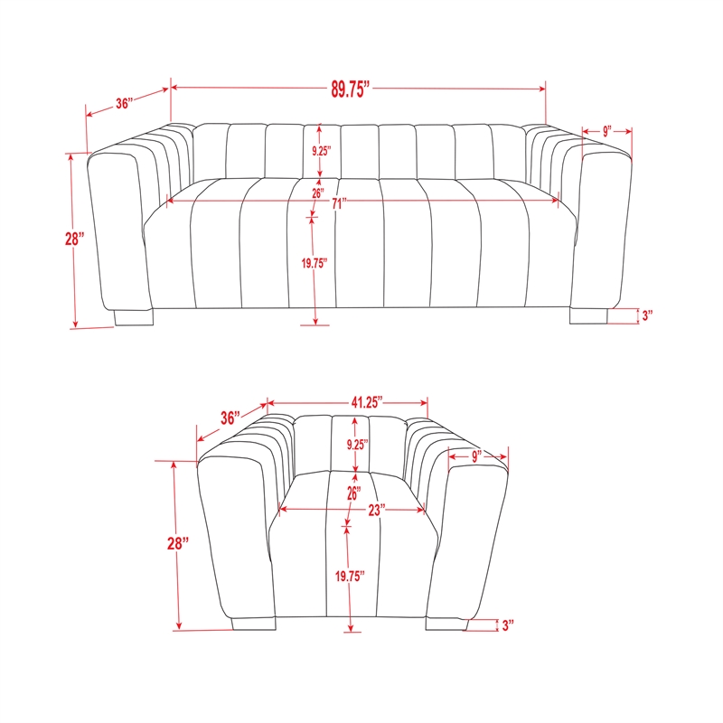 RNfurnishings 3-PC LivingRoom Furniture Velvet fabric Sofa+2-Armchairs Set-Beige
