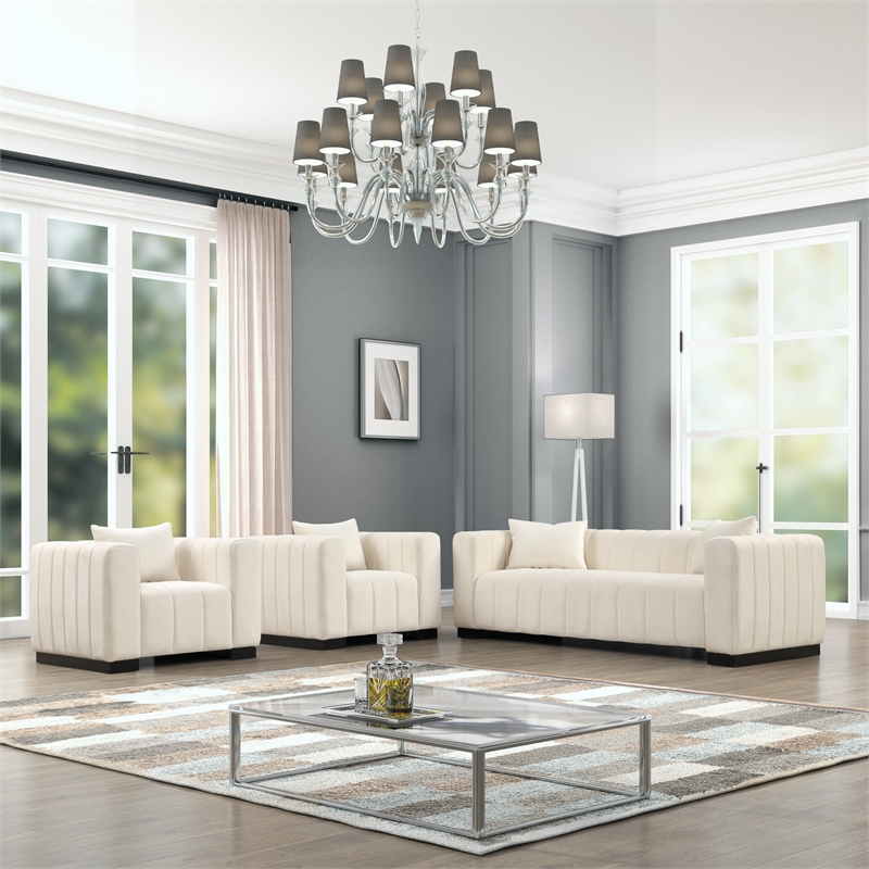 RNfurnishings 3-PC LivingRoom Furniture Velvet fabric Sofa+2-Armchairs Set-Beige