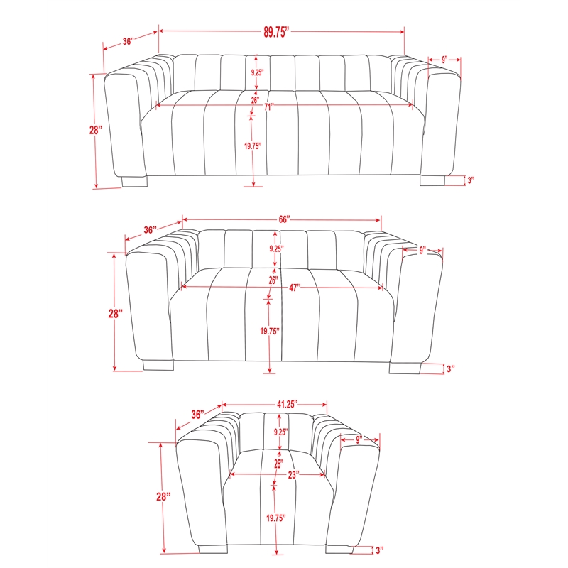 Rnfurnishings3-PC Living RoomFurniture Velvet Sofa+Loveseat+Chair Set-Light Gray