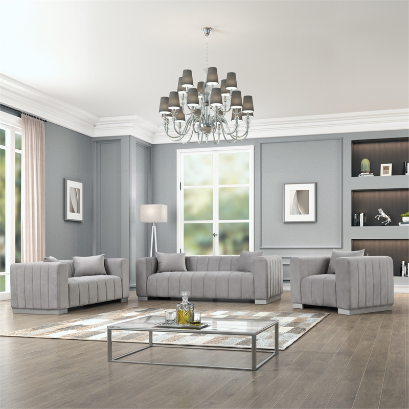 Rnfurnishings3-PC Living RoomFurniture Velvet Sofa+Loveseat+Chair Set-Light Gray