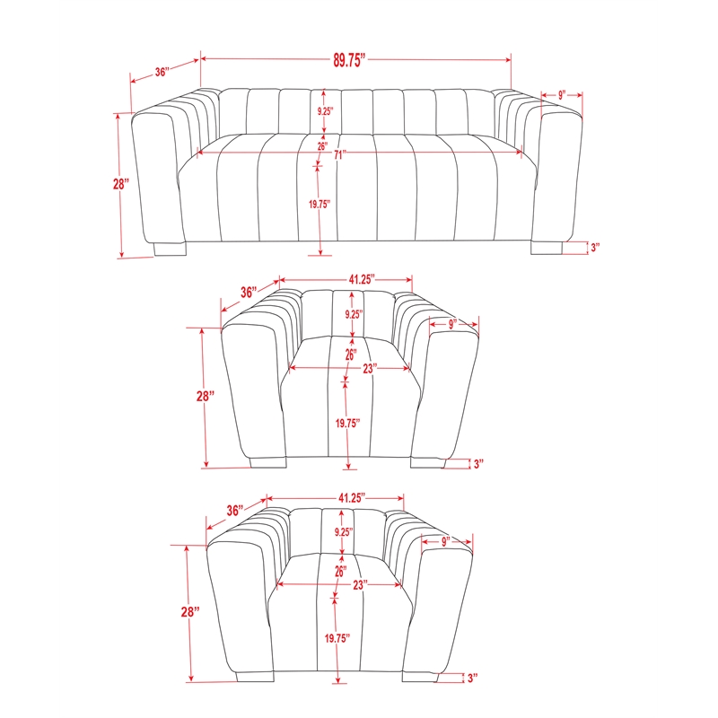 Rnfurnishings 3-PC Living Room Furniture Velvet Sofa+2-Armchairs Set-Half white