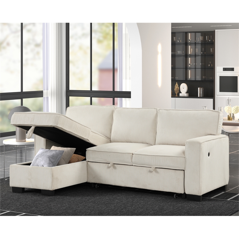 Rnfurnishings Reversible Storage Chaise Sleeper Corduroy Fabric Sofa - Beige