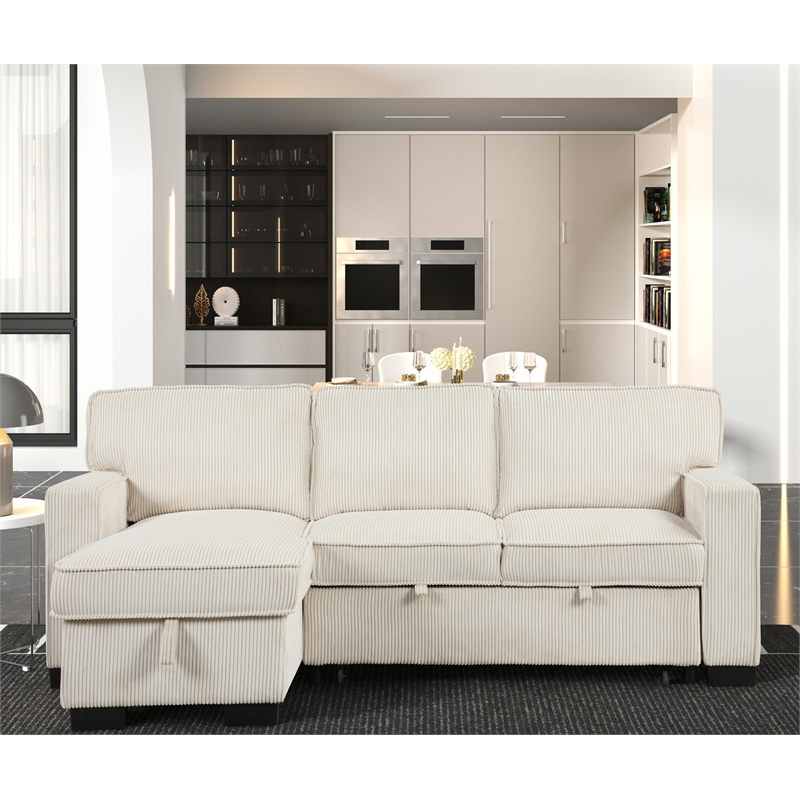 Rnfurnishings Reversible Storage Chaise Sleeper Corduroy Fabric Sofa - Beige