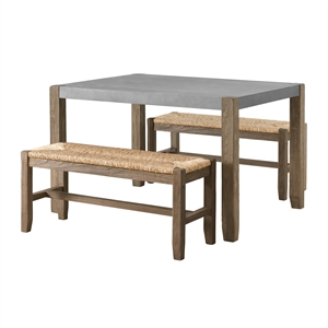 newport 3-piece gray modern wood dining table with two rush-seat benches