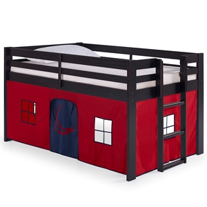 jasper twin wood jr loft bed espresso frame and red/blue bottom playhouse tent