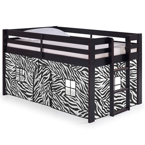 jasper twin junior loft bed espresso frame and black/white bottom playhouse tent